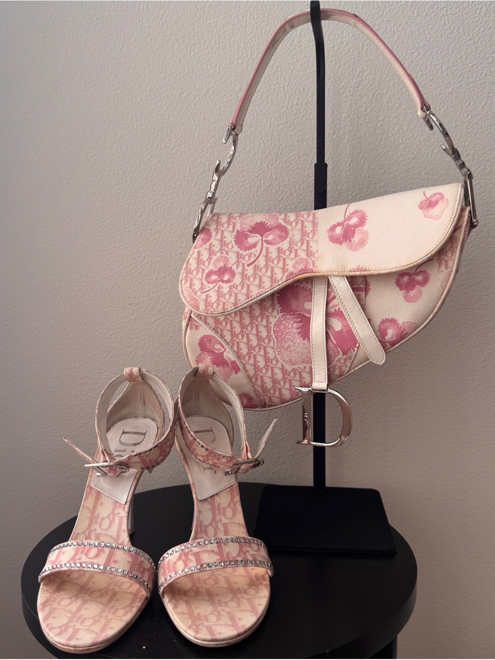 Dior Pink Jacquard Saddle Bag with Cream Leather Trim